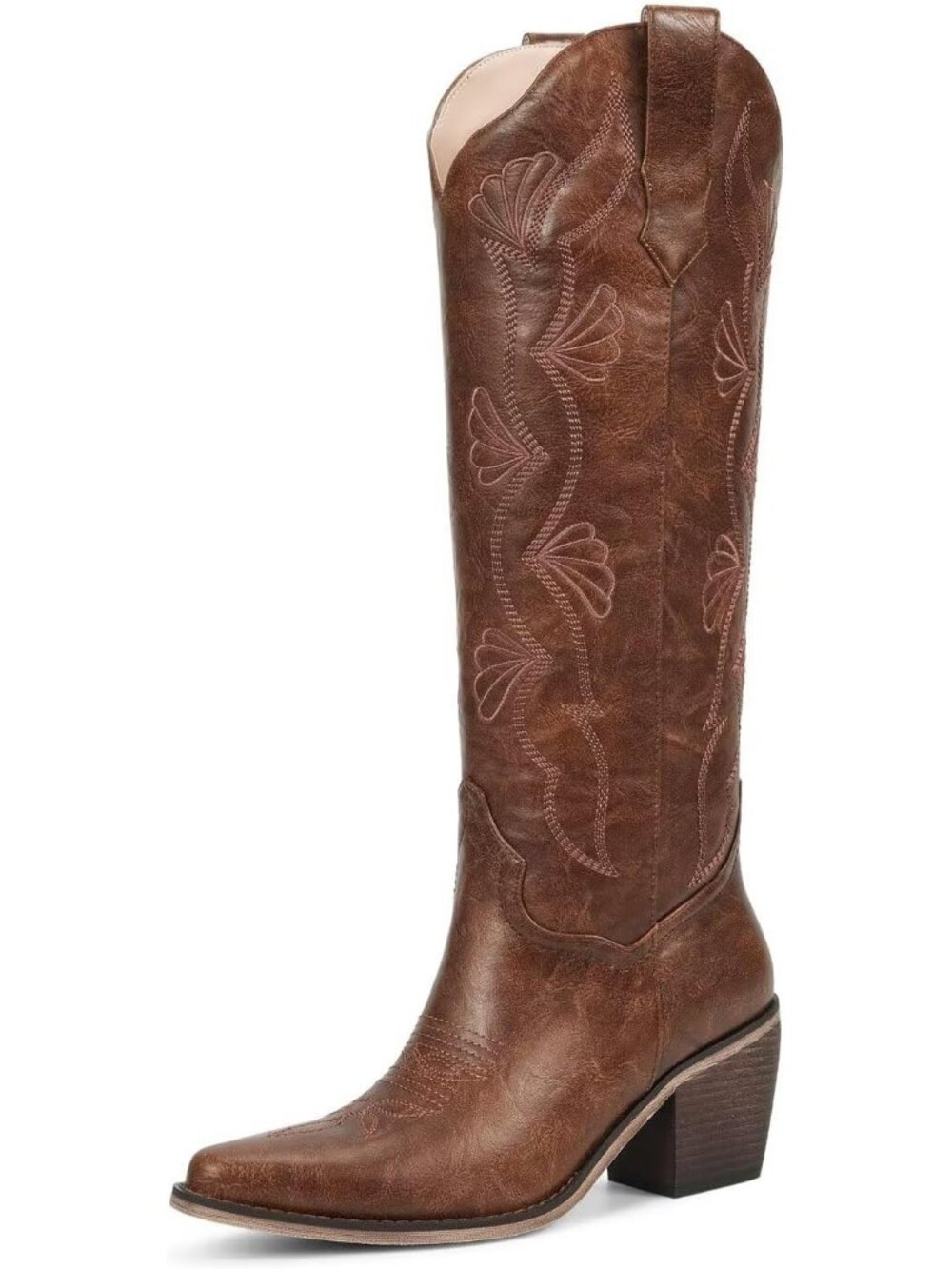 Women's Brown Faux Leather Pull On Embroidered Cowboy Cowgirl Knee High Boots